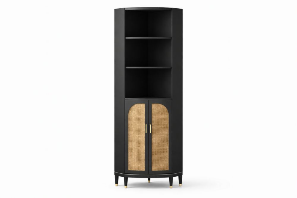 Corner Cabinet Shelf Unit Black Wood with Cane Doors 180cm