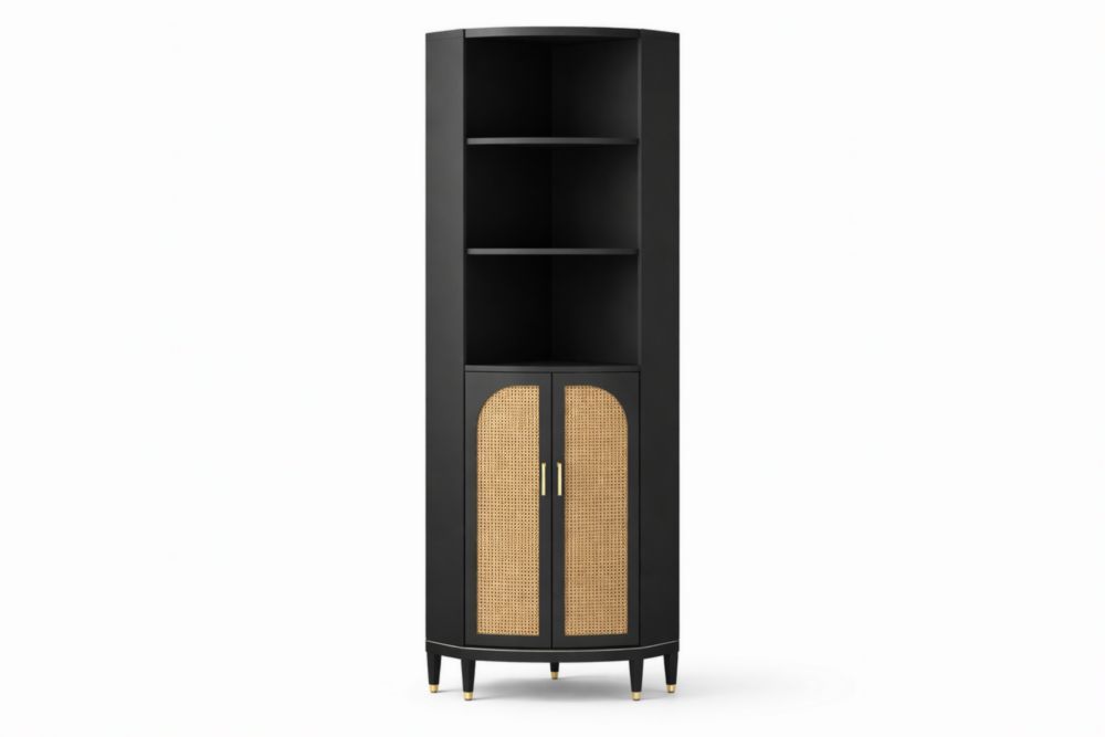 Corner Cabinet Shelf Unit Black Wood with Cane Doors 180cm