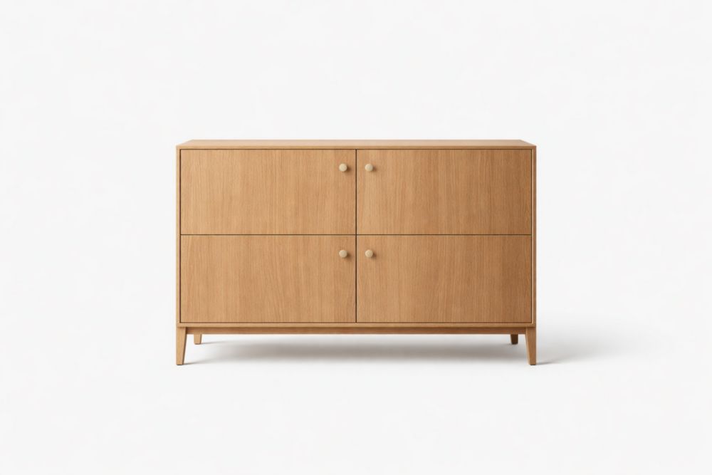 Oak Wood Storage Cabinet with Four Doors Natural Finish 120cm x 40cm x 80cm