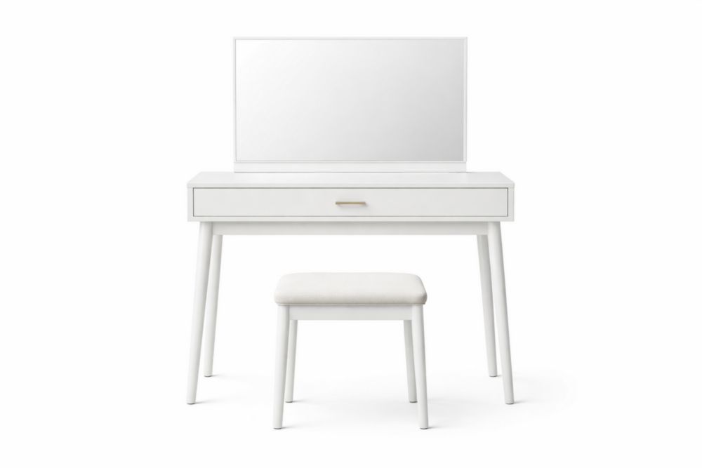 White MDF Vanity Table Set with Mirror and Stool 1 Drawer