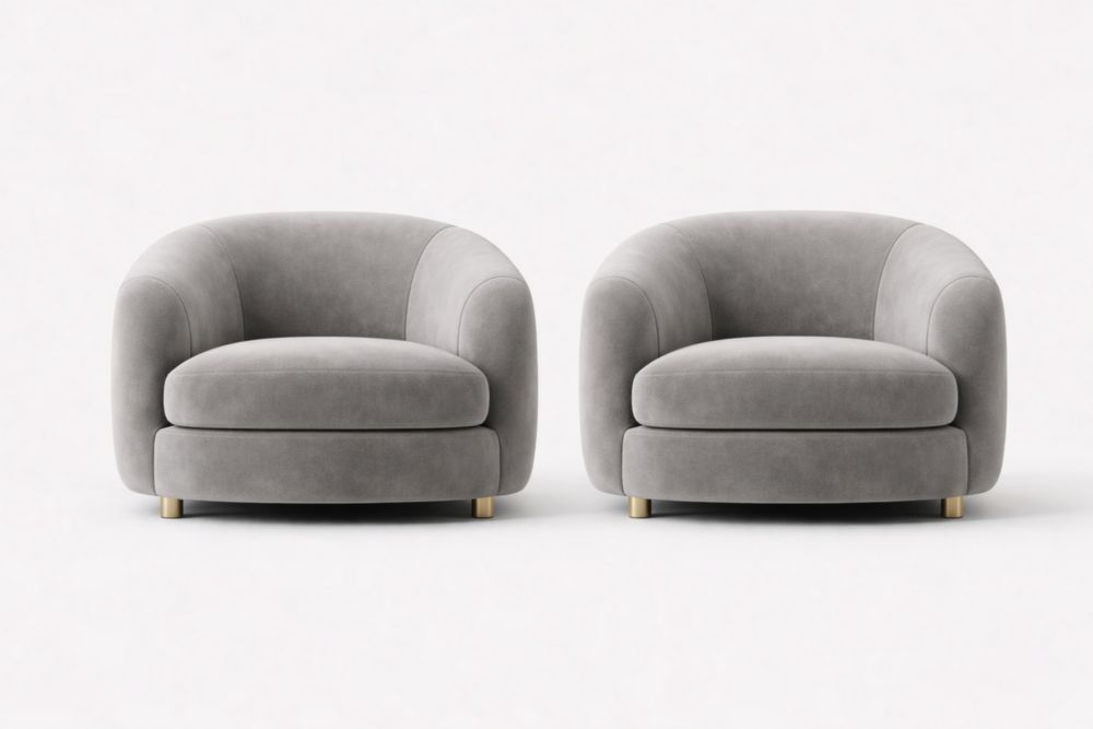 Set of 2 Gray Velvet Armchairs with Rounded Design