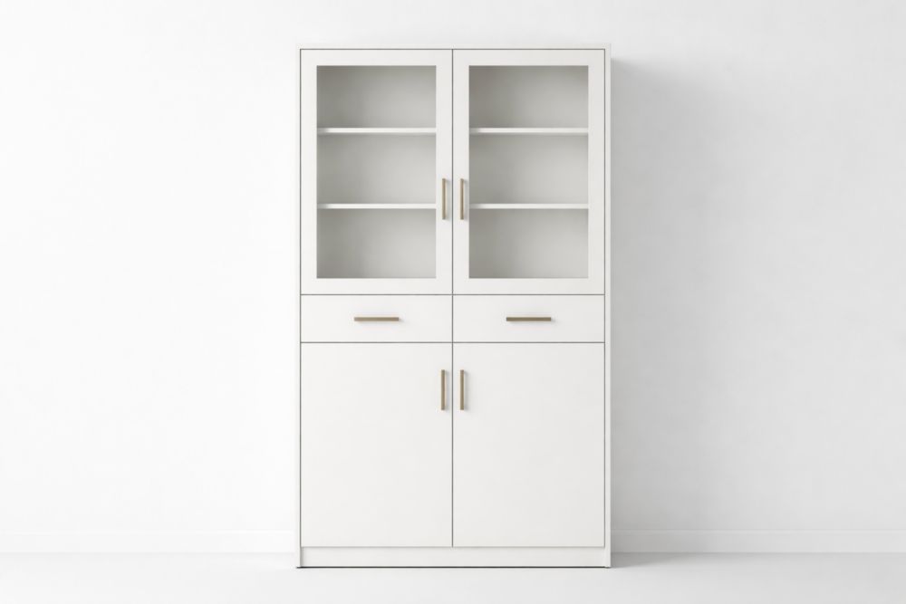 White MDF Glass Door Cabinet with Shelves and Drawers 190x90x40cm