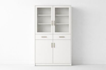 White MDF Glass Door Cabinet with Shelves and Drawers 190x90x40cm