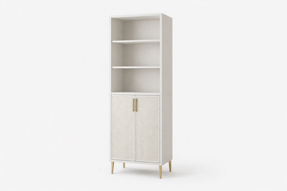 White Storage Cabinet with Shelves and Rattan Doors