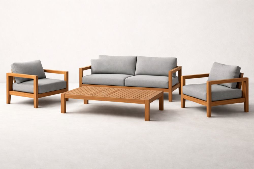 Outdoor Sofa Set with Acacia Wood Frame and Gray Cushions-Livovarioa