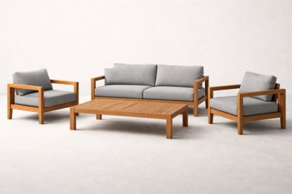 Outdoor Sofa Set with Acacia Wood Frame and Gray Cushions-Livovarioa