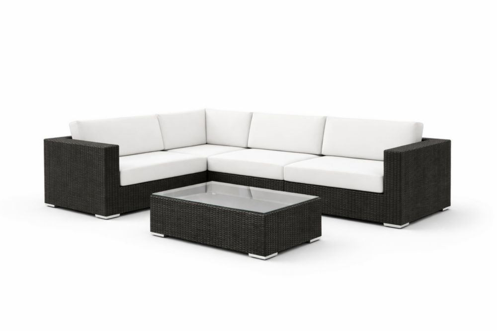 Outdoor Sectional Sofa Set Wicker Rattan with Cushions and Glass Top Table Black/White-Livovarioa