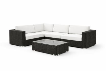 Outdoor Sectional Sofa Set Wicker Rattan with Cushions and Glass Top Table Black/White-Livovarioa