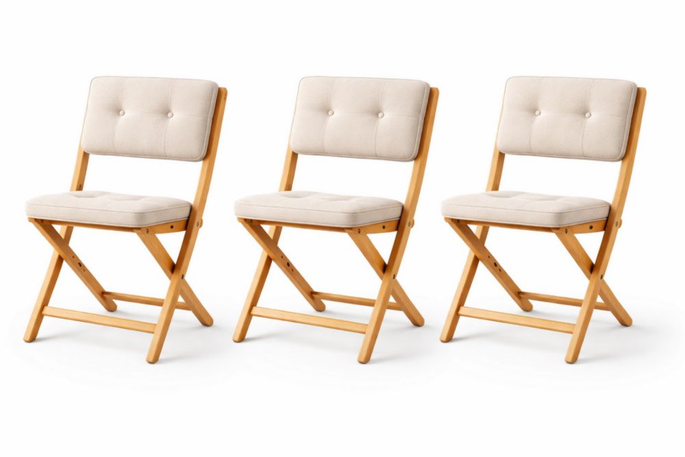 Wooden Folding Chairs with Beige Upholstery - Set of 3-Livovarioa