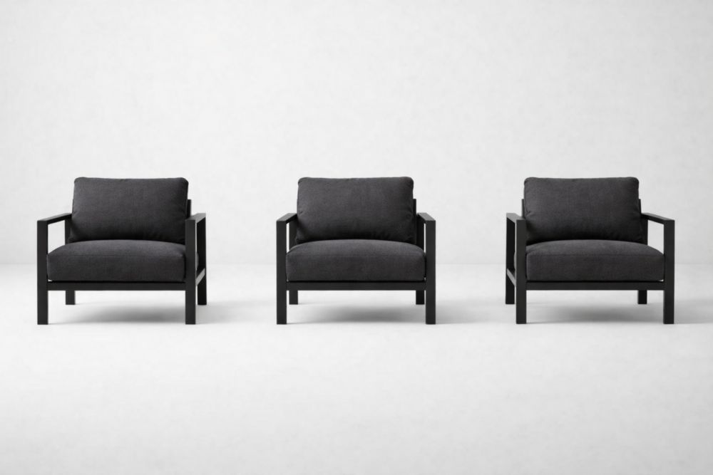 Set of 3 Black Outdoor Lounge Chairs with Metal Frame and Polyester Cushions-Livovarioa