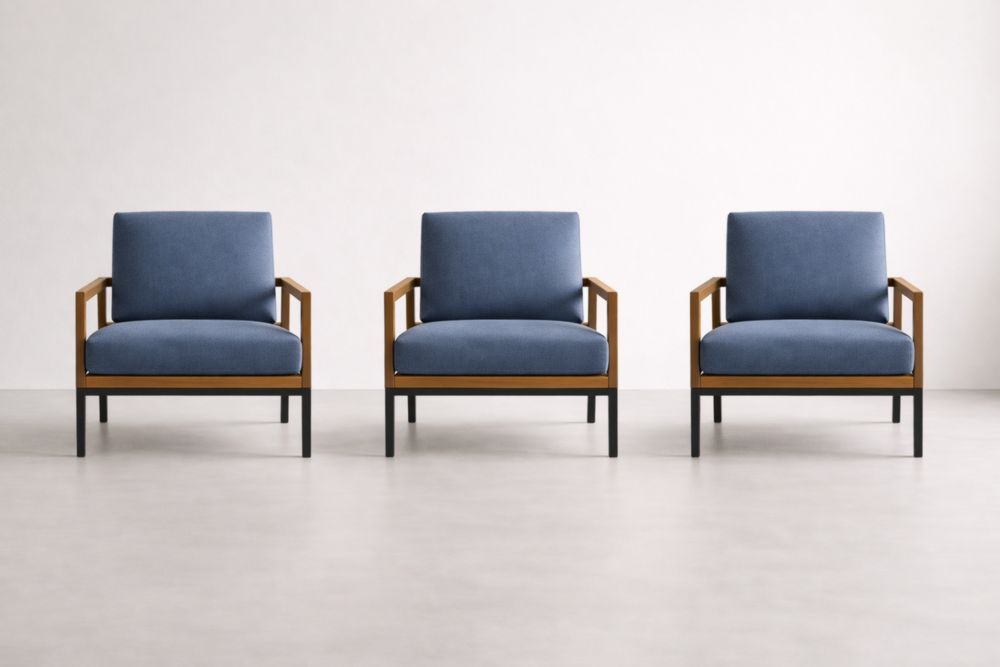 Set of 3 Blue Fabric Armchairs with Wooden Frame and Metal Legs-Livovarioa