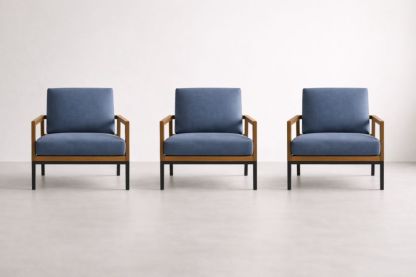 Set of 3 Blue Fabric Armchairs with Wooden Frame and Metal Legs-Livovarioa