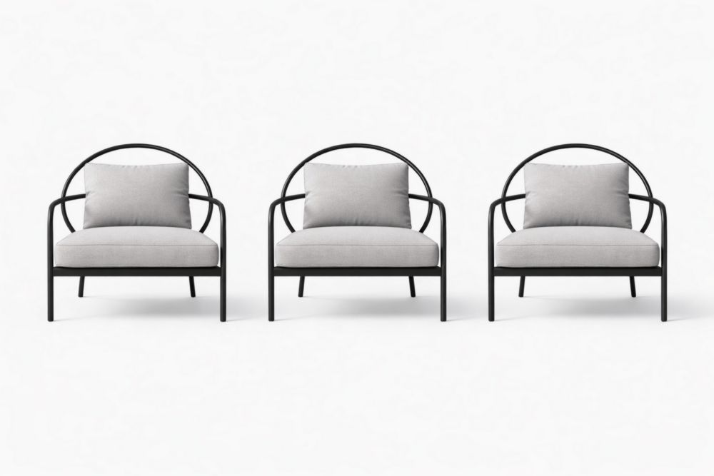 Set of 3 Black Metal Frame Armchairs with Gray Polyester Cushions-Livovarioa
