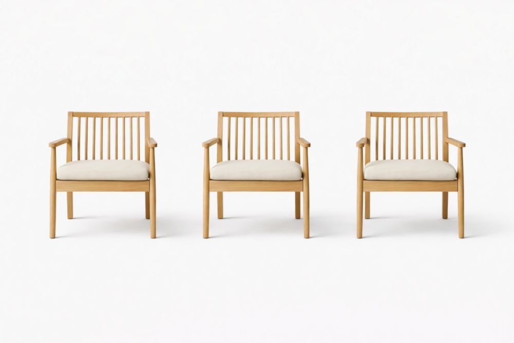 Set of 3 Wooden Chairs with Linen Cushions Beige 60cm x 58cm x 80cm-Livovarioa