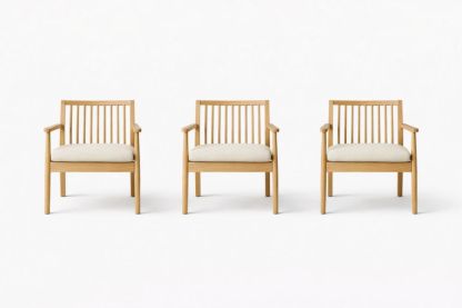 Set of 3 Wooden Chairs with Linen Cushions Beige 60cm x 58cm x 80cm-Livovarioa