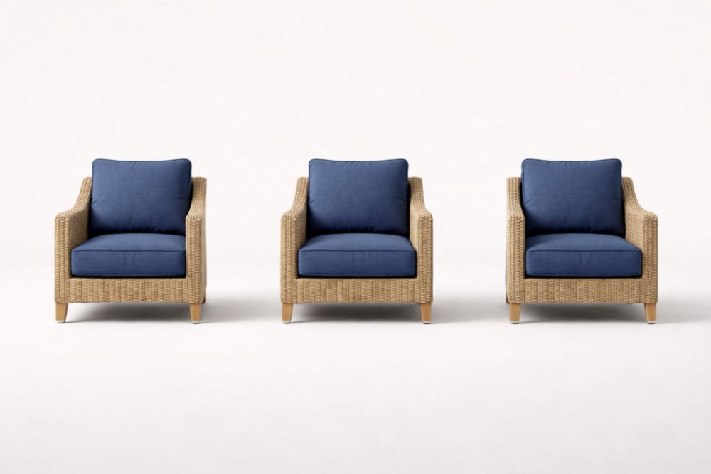 Set of 3 Rattan Armchairs with Blue Cushions-Livovarioa
