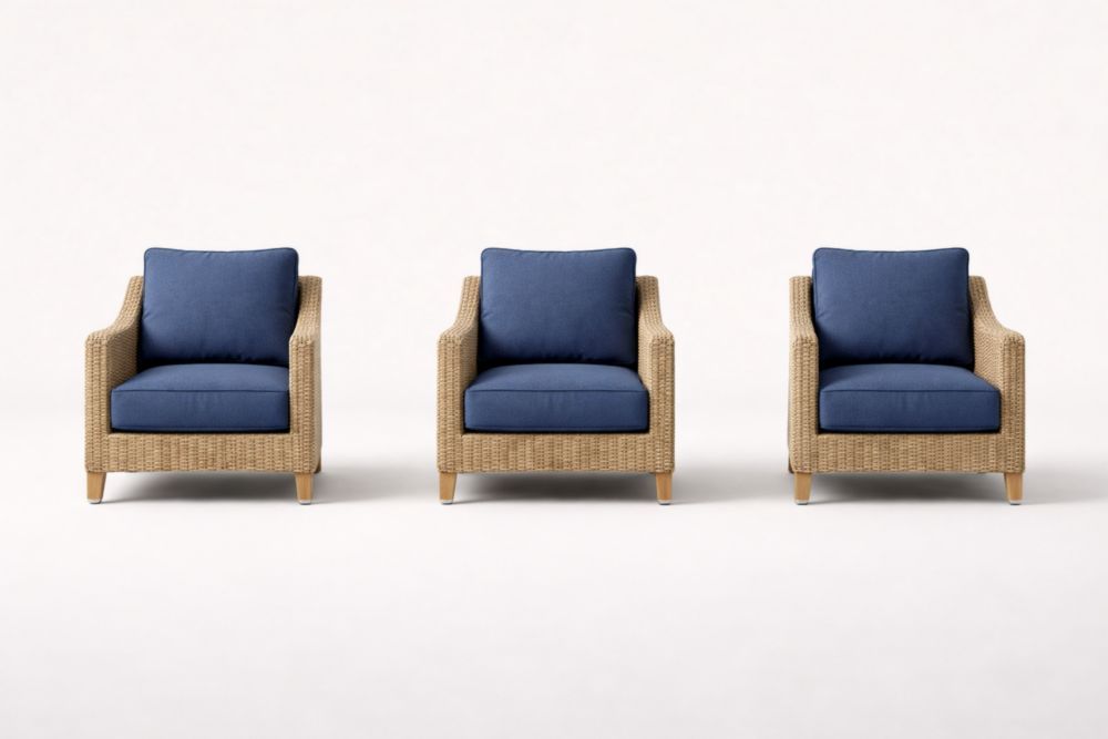 Set of 3 Rattan Armchairs with Blue Cushions-Livovarioa
