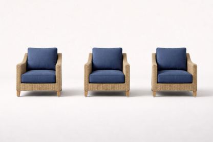 Set of 3 Rattan Armchairs with Blue Cushions-Livovarioa