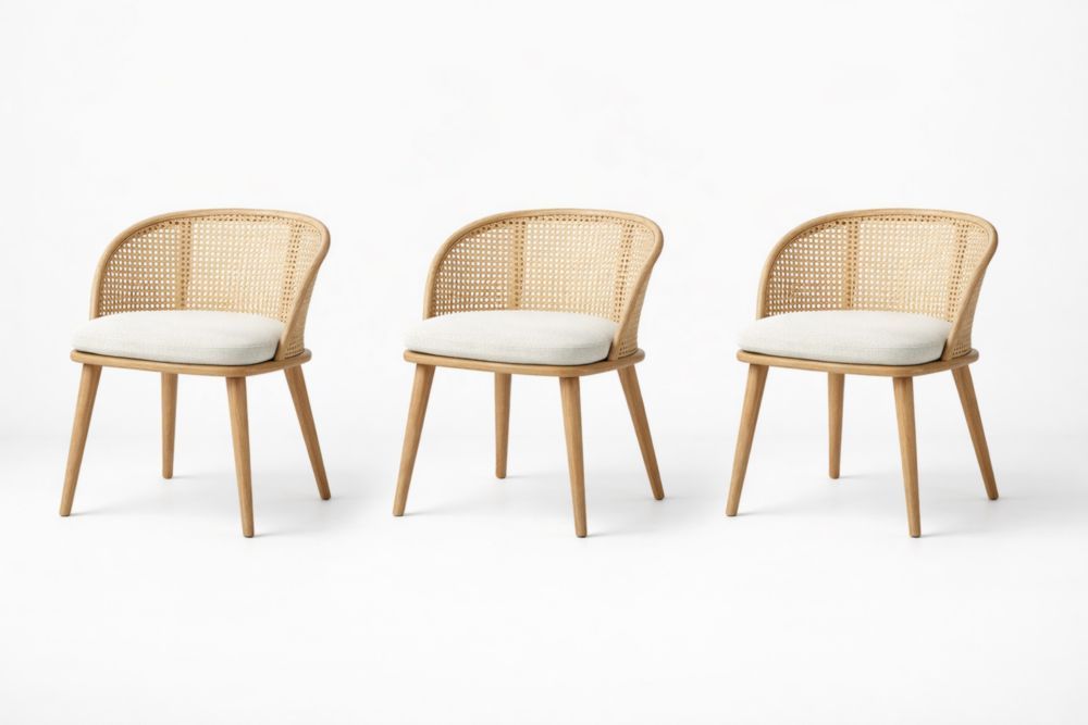 Set of 3 Rattan Dining Chairs with Solid Wood Legs and Beige Cushions-Livovarioa