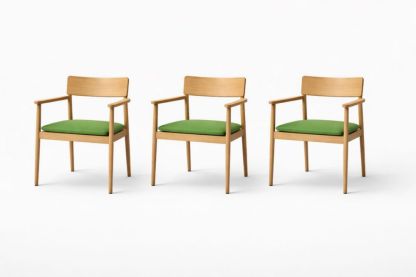 Set of 3 Wooden Armchairs with Green Cushions 54x56x76 cm-Livovarioa