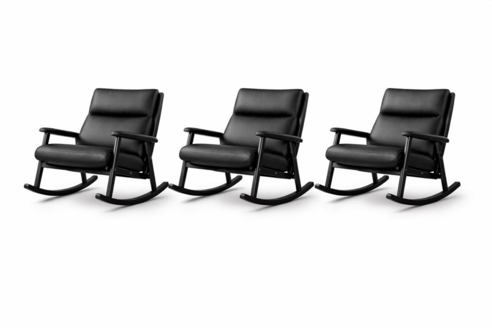 Set of 3 Black Faux Leather Rocking Chairs with Wooden Frame-Bloomviber