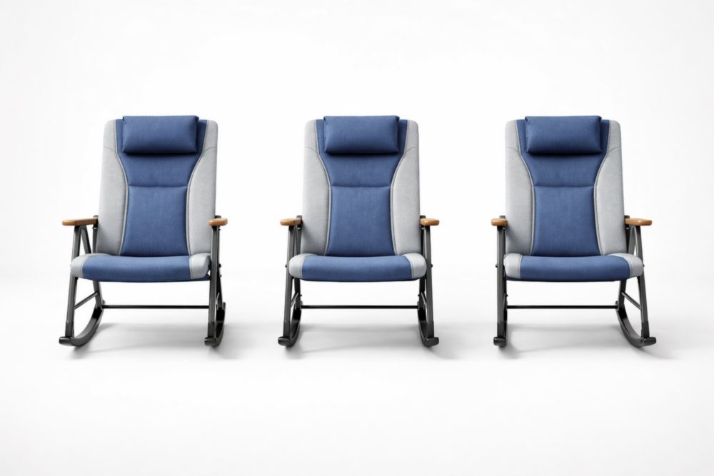 Rocking Chair Set with Polyester Seat and Wooden Armrests Steel Frame Blue/Gray-Bloomviber