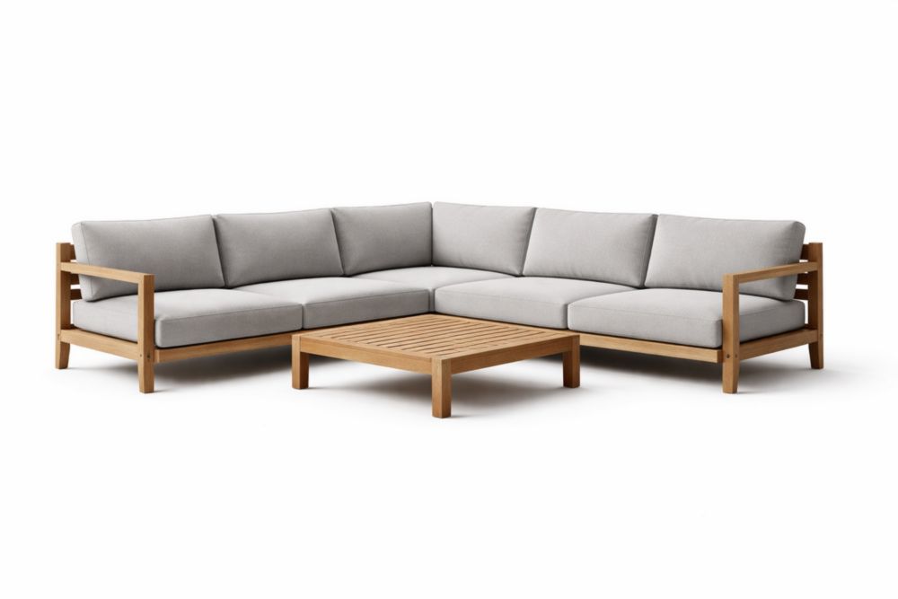 Outdoor L-Shaped Sectional Sofa Set with Teak Frame and Grey Cushions-Bloomviber