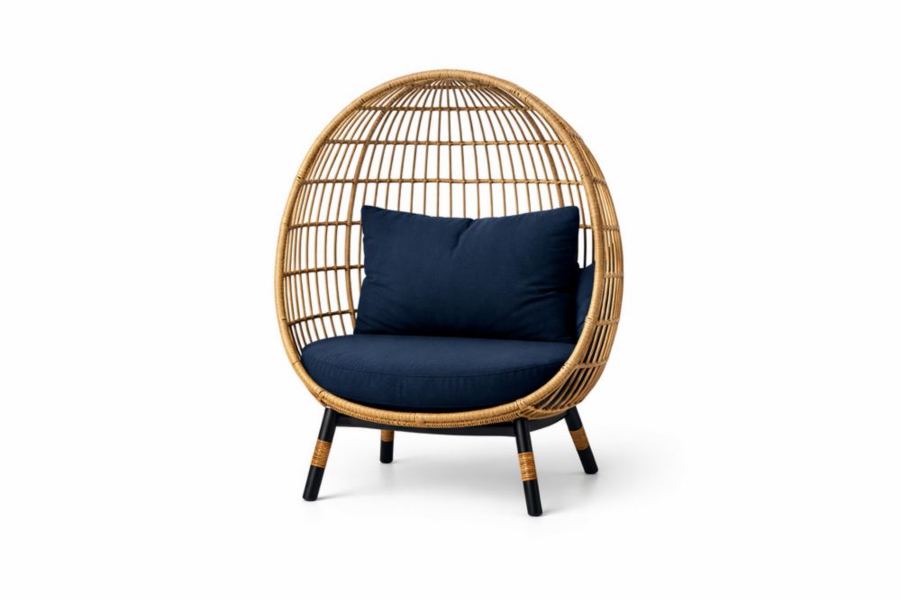 Outdoor Egg-Shaped Synthetic Rattan Chair with Blue Polyester Cushions-Bloomviber