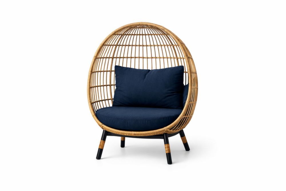 Outdoor Egg-Shaped Synthetic Rattan Chair with Blue Polyester Cushions-Bloomviber