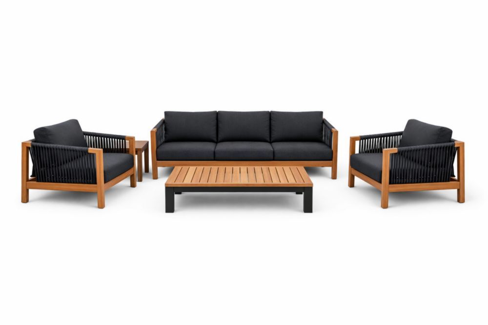 Teak Wood and Rope Outdoor Sofa Set with Black Cushions-Bloomviber