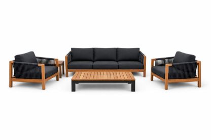 Teak Wood and Rope Outdoor Sofa Set with Black Cushions-Bloomviber