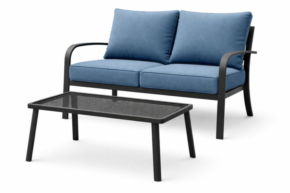 Metal Frame Outdoor Sofa and Coffee Table Set with Blue Cushions-Bloomviber