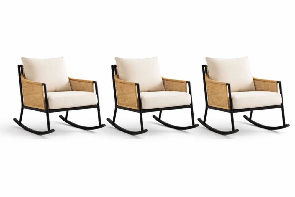 Set of 3 Rattan and Metal Frame Rocking Chairs with Beige Cushions-Bloomviber