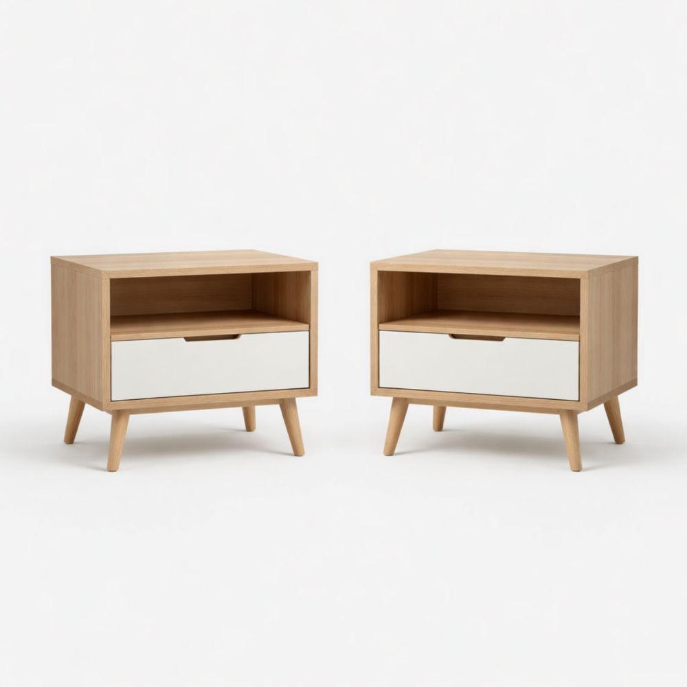 Set of 2 Wooden Nightstands with Drawer and Open Shelf Beige/White