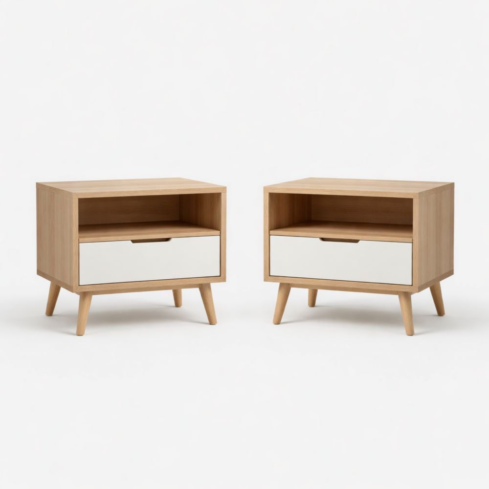 Set of 2 Wooden Nightstands with Drawer and Open Shelf Beige/White