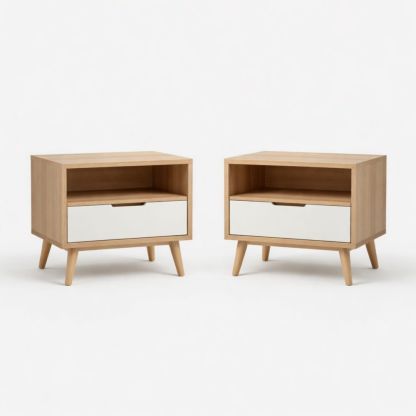 Set of 2 Wooden Nightstands with Drawer and Open Shelf Beige/White