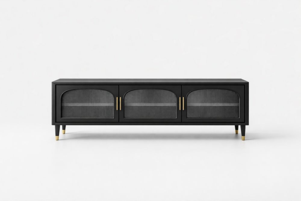 Black MDF Entertainment Cabinet with Tempered Glass Doors 150x40x55 cm