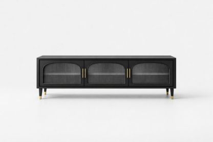 Black MDF Entertainment Cabinet with Tempered Glass Doors 150x40x55 cm