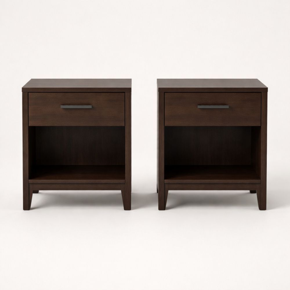 Wood Nightstand Set with Drawer and Shelf in Brown