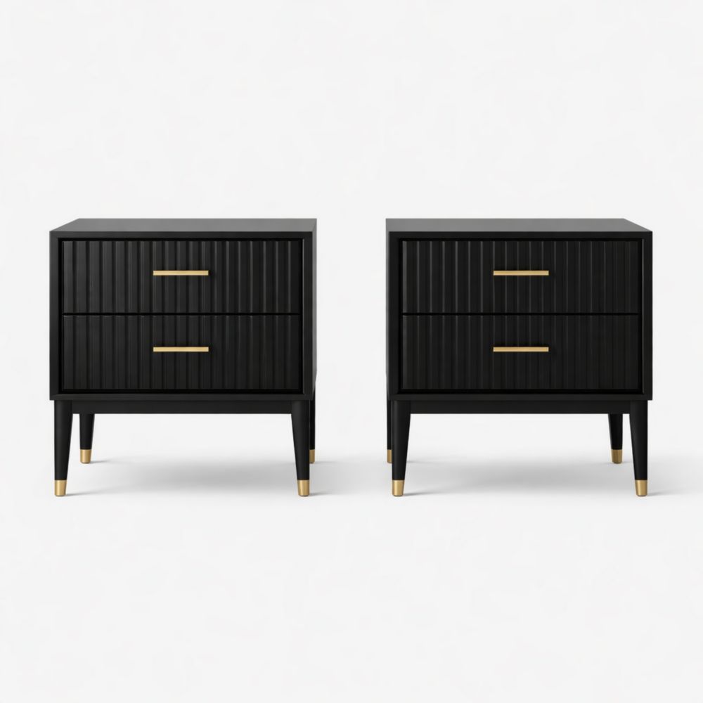 Wooden Nightstand Set with Two Drawers and Gold Accents, Black, 24in x 16in x 24in