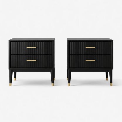 Wooden Nightstand Set with Two Drawers and Gold Accents, Black, 24in x 16in x 24in