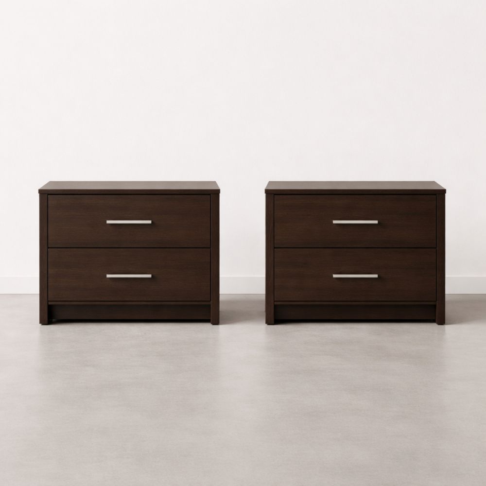 Set of Two Wooden Nightstands with Two Drawers and Metal Handles Brown