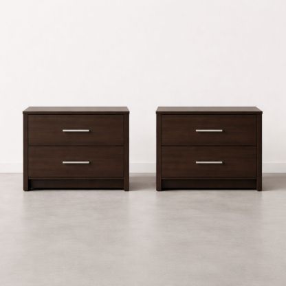 Set of Two Wooden Nightstands with Two Drawers and Metal Handles Brown