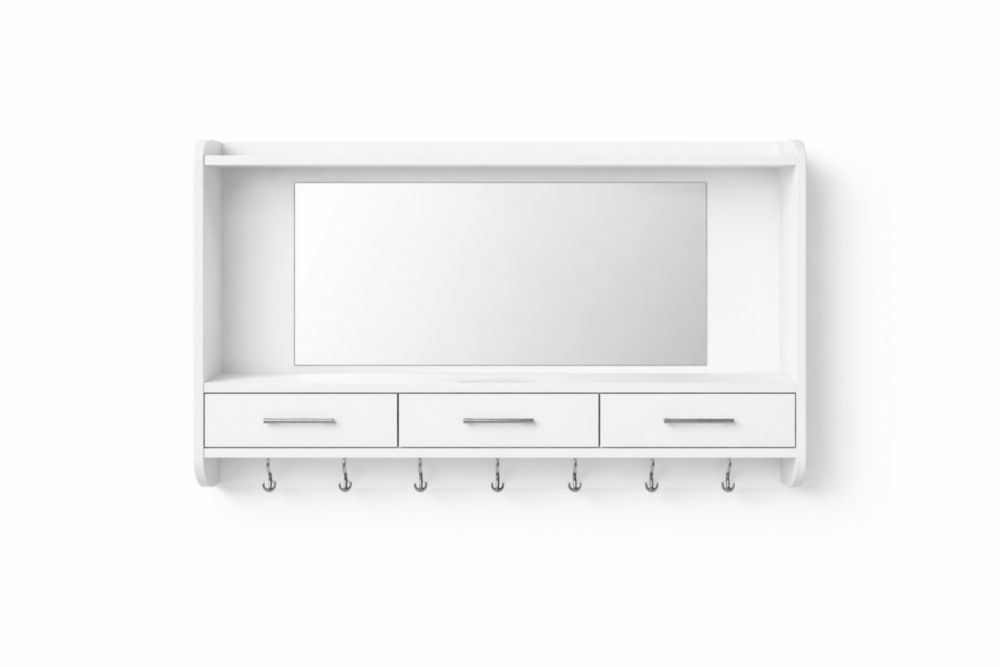 White Wall Mounted Entryway Shelf with Mirror and Hooks