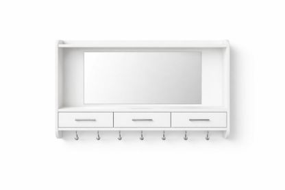 White Wall Mounted Entryway Shelf with Mirror and Hooks