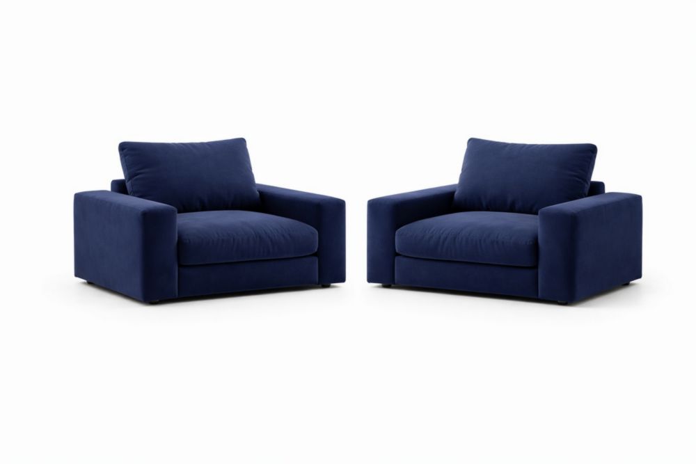 Set of 2 Blue Velvet Armchairs with Cushions 42in Length x 36in Width x 30in Height