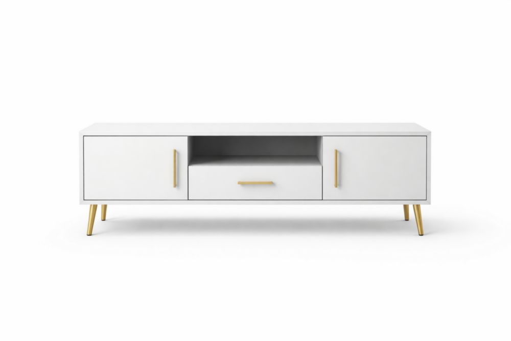 White MDF TV Stand with Gold Metal Legs and Handles