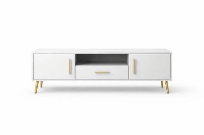 White MDF TV Stand with Gold Metal Legs and Handles