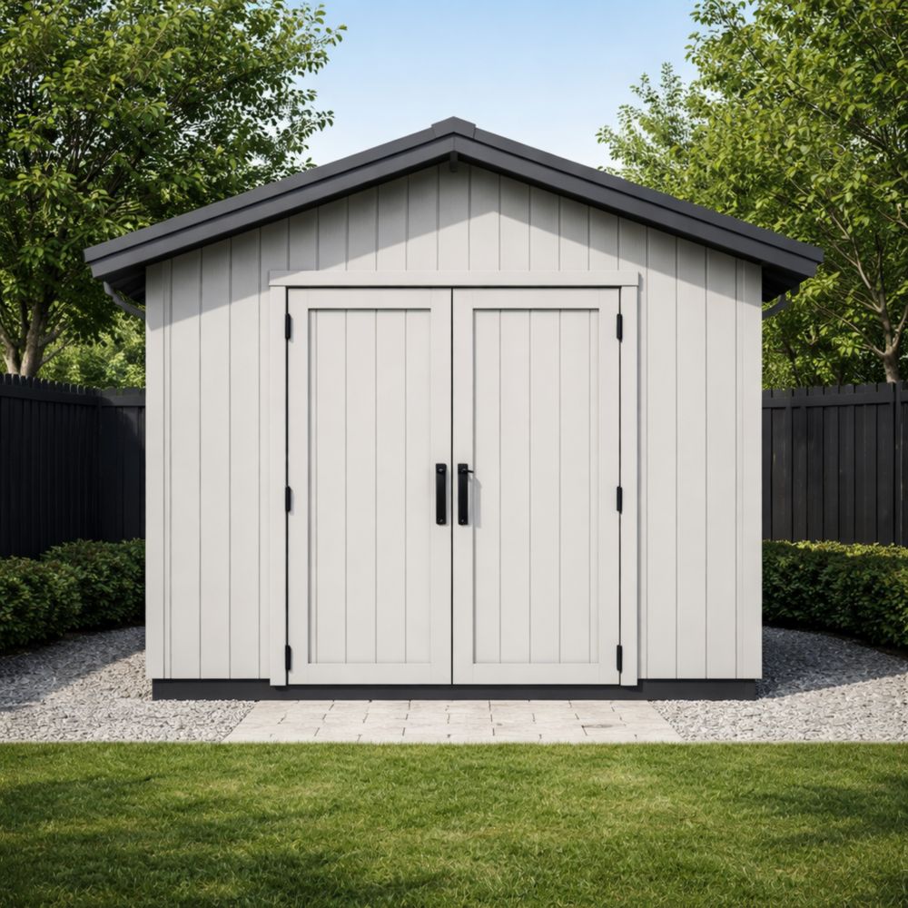 Outdoor Storage Shed Double Door Gable Roof Gray Wood Composite 244cm x 183cm x 243cm