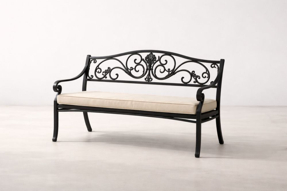 Wrought Iron Outdoor Bench Black with Beige Cushions, Scroll Design, Length 125cm